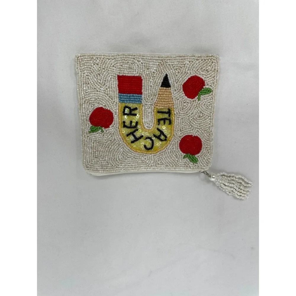 Unbranded Beaded Teacher Pouch Women Small White Excellent Pencil Apple Gift